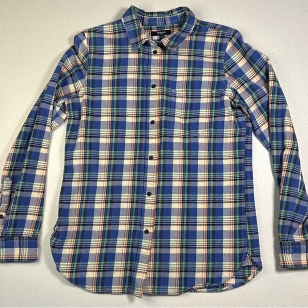Madewell Womens Blue Green Plaid Flannel Button Down Shirt Size M Long Sleeve